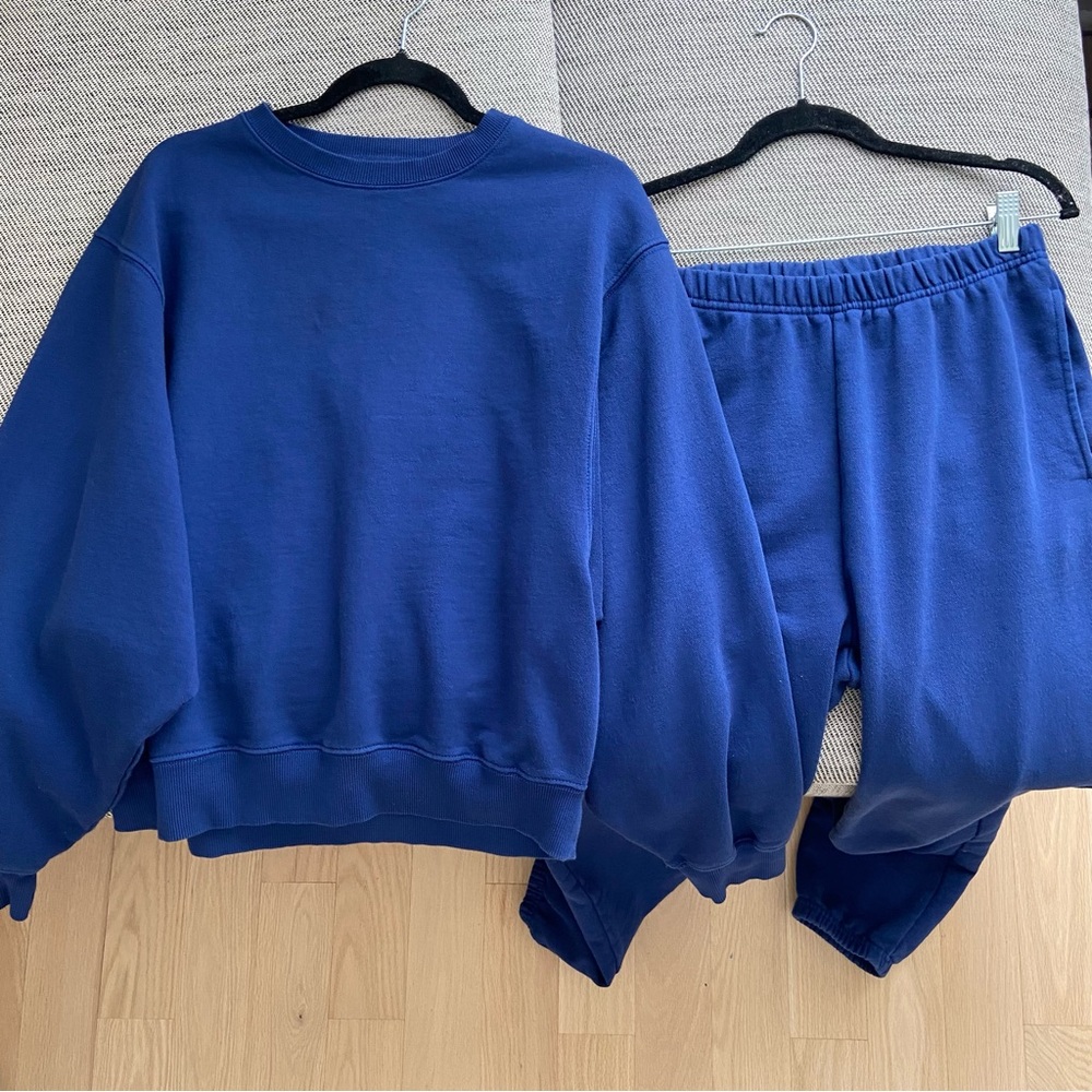 Brunette The Label SET Sweatsuit Best Friend Crewneck Jogger Cobalt Blue Large
